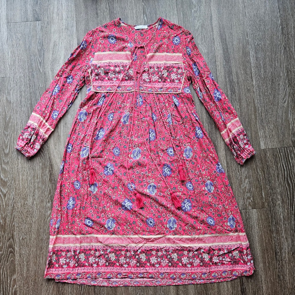 R.Vivimos Pink Floral Boho Peasant Dress Long Sleeve Tassel Tie Womens Large L
